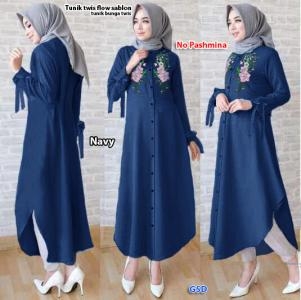 Tunik twis flow sablon navy-tunik bunga twis